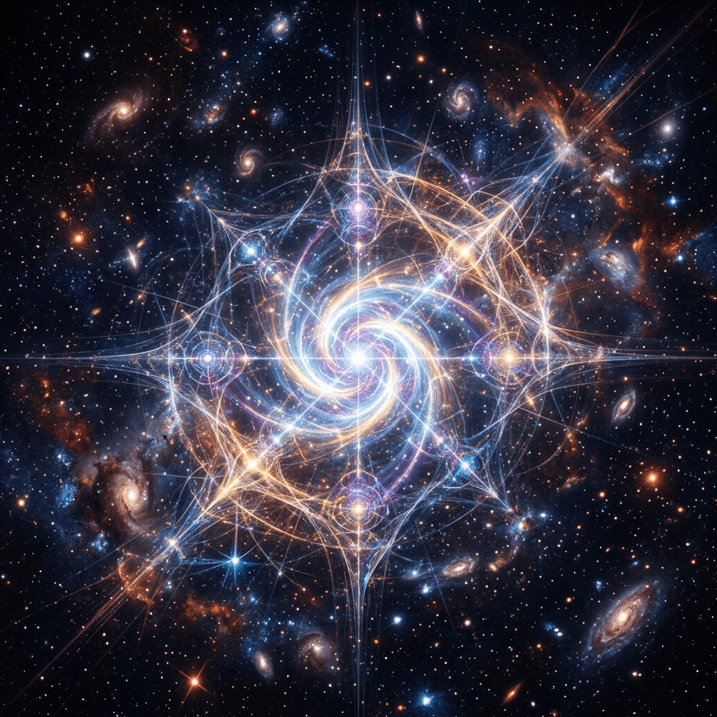 Bright spiral galaxy with radiant interconnected star-like structures and distant galaxies in a star-filled cosmic background