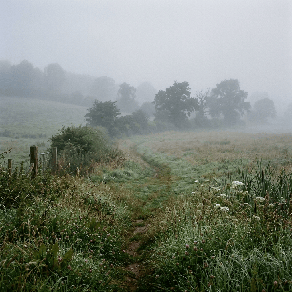 Misty footpath winding through a wildflower meadow with distant trees